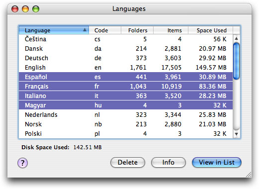 Languages inventory window
